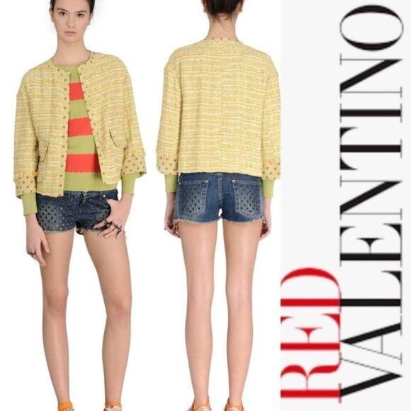 Red Valentino Mini Denim Shorts Five-Pocket Perforated Metal Grommets Sz 28 NWOT - Picture 1 of 7